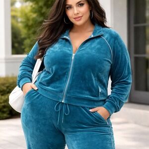 SB Active St Johns Bay Womens 2X Velour Tracksuit Set Teal Blue Zip Jacket Pants